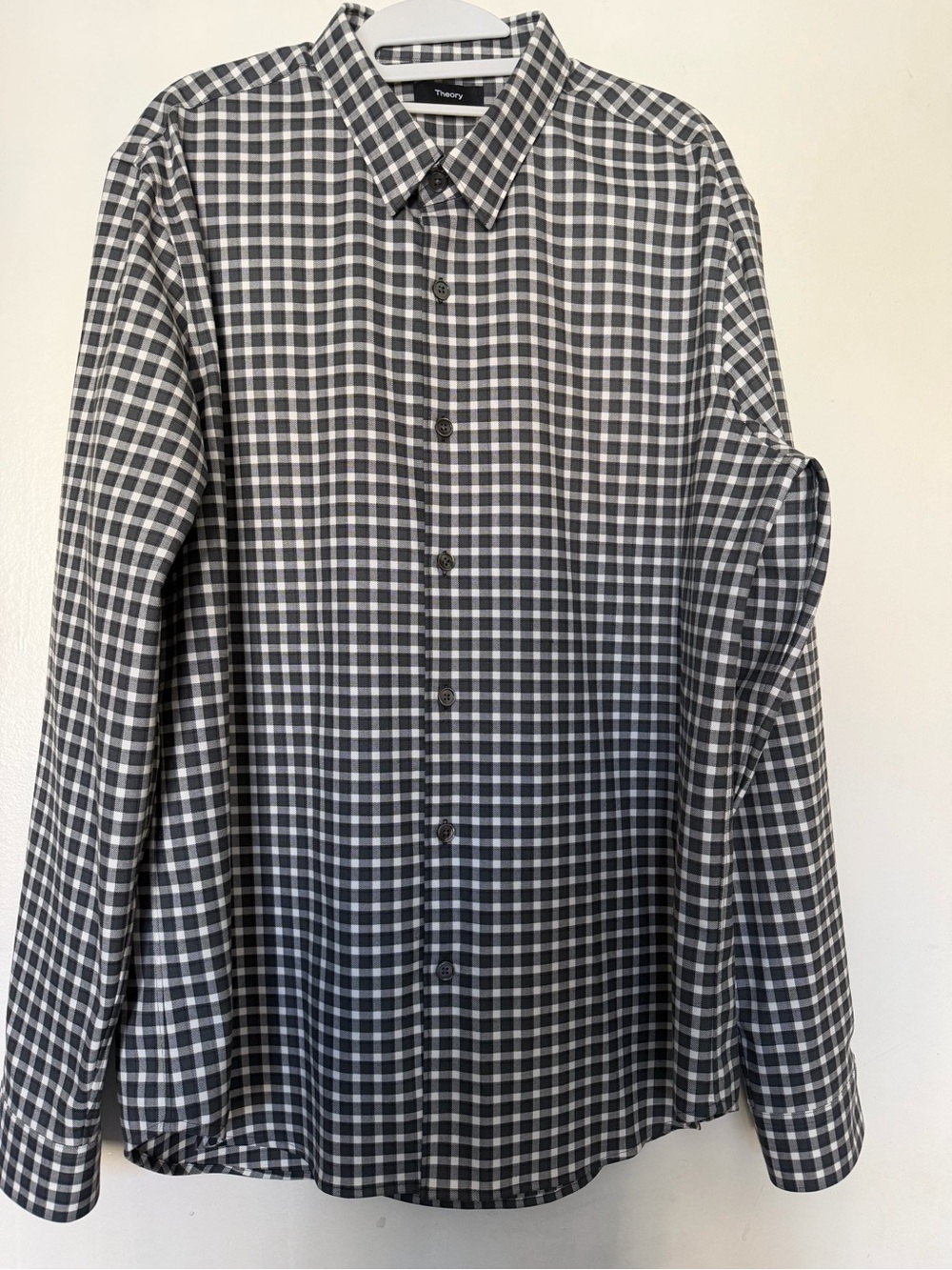 Theory Rammy NP Ombre Gingham Plaid Button Front Shirt XL Black Gray - Picture 2 of 11